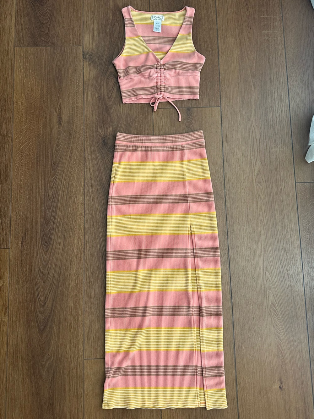 l*space Pink & Brown Striped Knit Midi Two Piece Dress